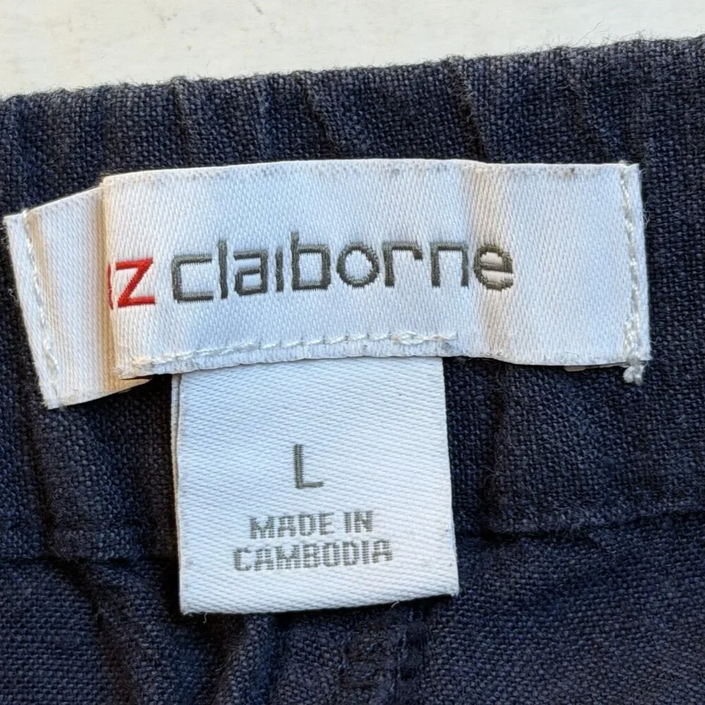 Liz Claiborne Pants Womens Large Blue Linen Cotton Elastic Waist Front Pockets